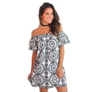 Entro Navy  White with Black Embroidered Off The Shoulder Dress  Size Medium